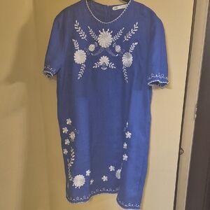 Zara Blue Midi Dress with White Floral Embroidery
